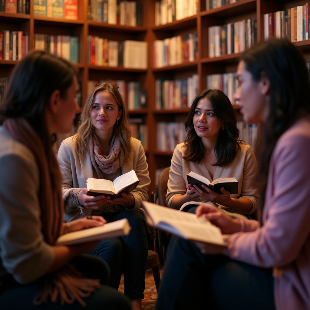 Gruppo di lettori riuniti per discutere un libro in atmosfera informale